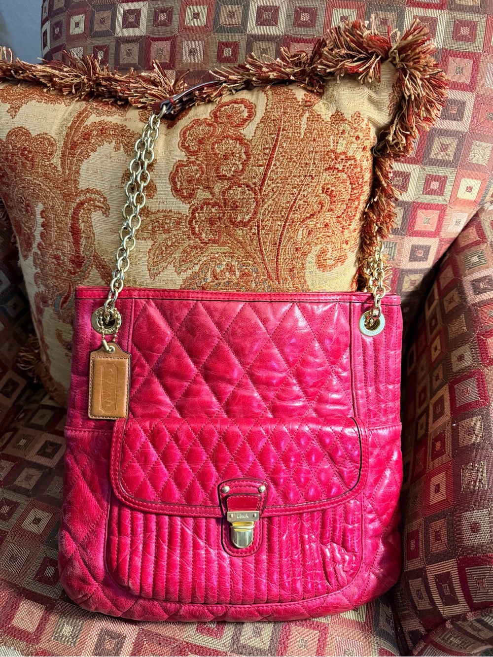 Vintage All Leather Coach Quilted Reddish Pink  Chain Handle Shoulder Bag